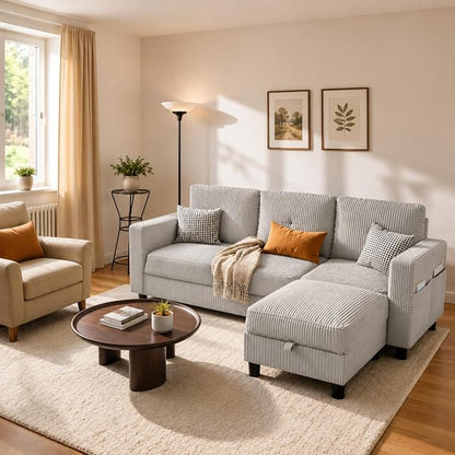 Convertible Sectional Sofa with Storage Ottoman, 77” L-Shaped 3-Seat Couch with Skin-Friendly Corduroy Fabric, Reversible Small Sectional for Small Space, Apartment, Living Room and Office (Grey)