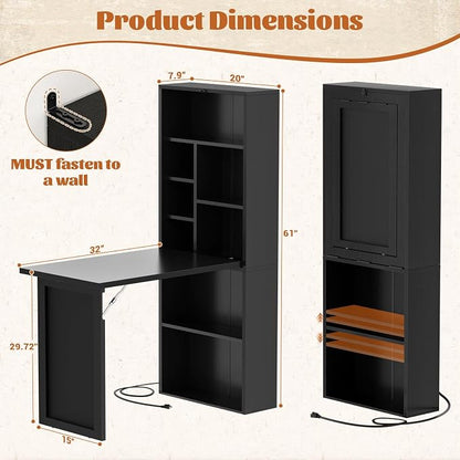 Armocity Small Folding Desk with Outlets, Convertible Writing Desk for Small Spaces/Home Office/Craft Room, Multi-Function Desk Workstation with Blackboard, Fold-Out Cabinet Table, Black