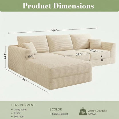 106" Modular Sectional Sofa with Deep Seat, L-Shaped Corduroy Couch with Reversible Chaise, 3-Piece Set for Living Room Bedroom Apartment, No Assembly Required | Modular Design
