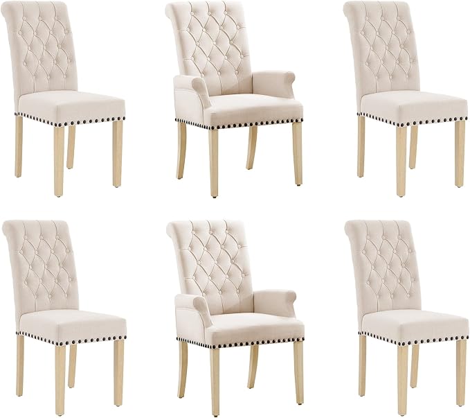 AODCHR Dining Chairs with Arms Set of 6, Upholstered Fabric Accent Dining Chair Set of 6, Elegant Tufted Dining Room Chair, Kitchen Room 2 Arm Chair with 4 Armless Chairs, Beige