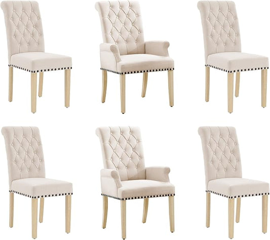 AODCHR Dining Chairs with Arms Set of 6, Upholstered Fabric Accent Dining Chair Set of 6, Elegant Tufted Dining Room Chair, Kitchen Room 2 Arm Chair with 4 Armless Chairs, Beige