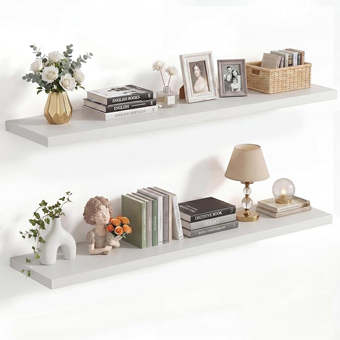 Vivelove 10 in Deep Floating Shelves for Wall, 40" x 10.2" x 1.5" Shelves for Room Wall Mounted, 1.5 Inch Thick Shelf for Bathroom Bedroom Kitchen Book Room, Modern Farmhouse Decor, Set of 2, White