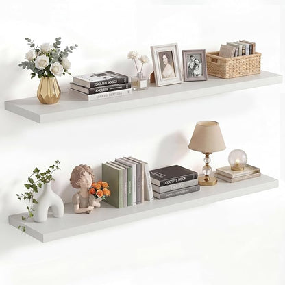 Vivelove 10 in Deep Floating Shelves for Wall, 40" x 10.2" x 1.5" Shelves for Room Wall Mounted, 1.5 Inch Thick Shelf for Bathroom Bedroom Kitchen Book Room, Modern Farmhouse Decor, Set of 2, White