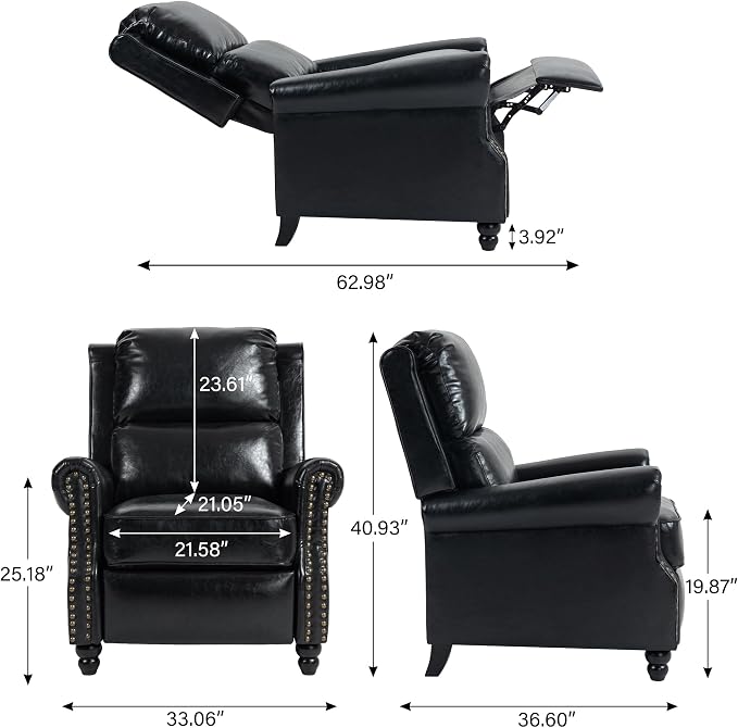 Faux Leather Recliner Chair, Modern Pushback Armchair with Adjustable Backrest & Footrest for Bedroom, Living Room (Black,Set of 1)