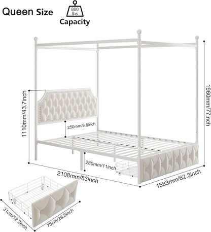 Keyluv Queen Upholstered Canopy Bed Frame with 2 Storage Drawers & Button Tufted Headboard, Metal Platform Bed with 4 Removable Posts, Two-Purpose Velvet Bed, Beige/Curtain Not Included
