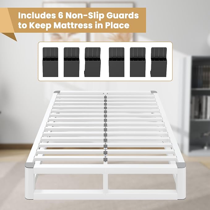 10 Inch Queen Bed Frame with Rounded Corner and Squeak Free U-Slot Design, Metal Platform Bed Frames 6 Non-Slip Guards, 3500lbs Heavy Duty Steel Slat Support, No Box Spring Needed, White