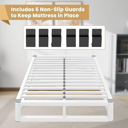 10 Inch Queen Bed Frame with Rounded Corner and Squeak Free U-Slot Design, Metal Platform Bed Frames 6 Non-Slip Guards, 3500lbs Heavy Duty Steel Slat Support, No Box Spring Needed, White