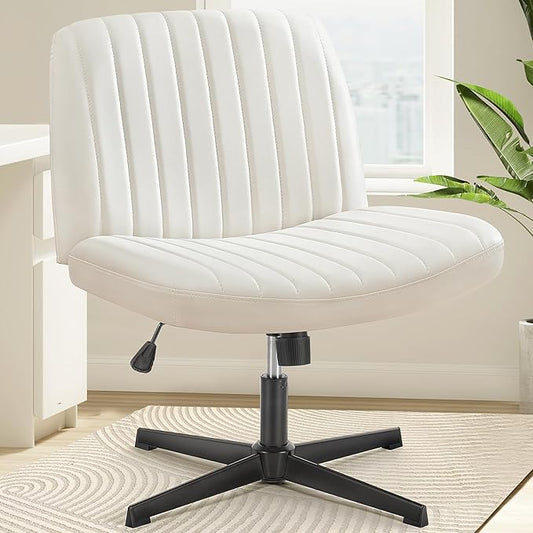OLIXIS Criss Cross Legged Chairs Armless No Wheels Wide Seat Height Adjustable Swivel Padded PU Leather Home Office Desk Chair for Bedroom, Student, Study Room,Beige