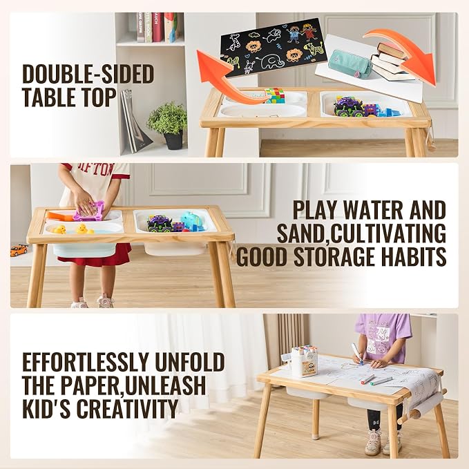 VEVOR Sensory Table for Toddlers, Activity with 3 Foldable Storage Bins, Paper Roll Holder, Indoor/Outdoor Play Sand and Water, Wooden Drawing Table, Gift for Boys Girls