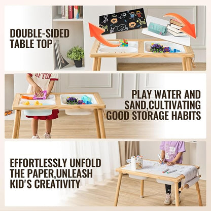 VEVOR Sensory Table for Toddlers, Activity with 3 Foldable Storage Bins, Paper Roll Holder, Indoor/Outdoor Play Sand and Water, Wooden Drawing Table, Gift for Boys Girls