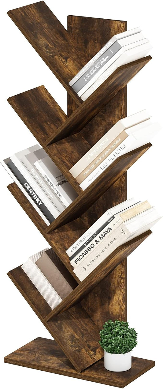 Furinno Tree Book Shelf, 7-Tier Bookshelf with Angled Open Shelf, Tree Bookcase for Room Decor, 8.4 x 15.7 x 39.4, for Organization and Storage, for Living Room, Bedroom, Home Office, Amber Pine