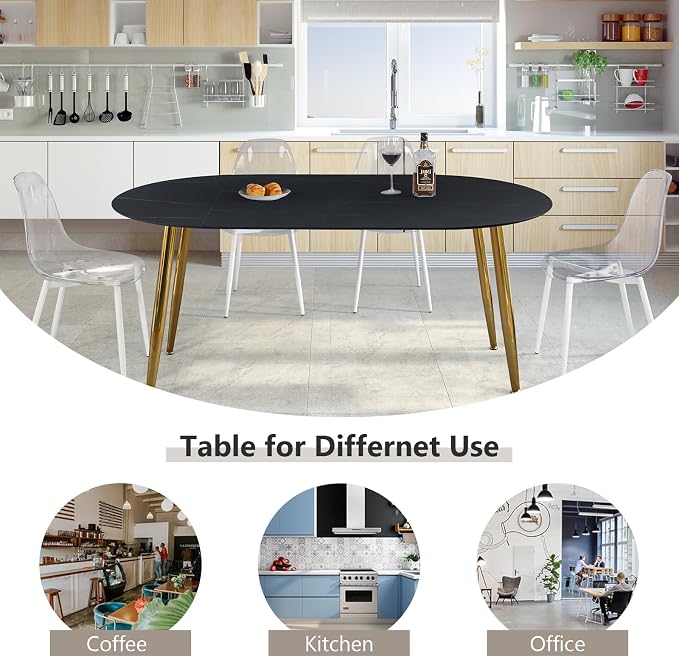 70” Extendable Round Dining Table for 4 6 Modern Oval Dining Room Table Expandable Large Dinner Table for Kitchen Faux Marble Top Gold Metal Leg Black