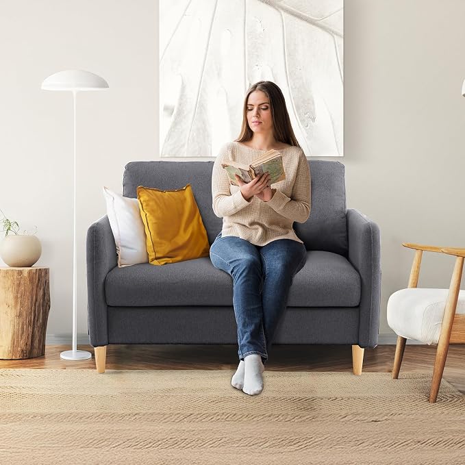 VINGLI 47" Small Couch, Dark Grey Linen Loveseat Sofa Mini Couch Mid Century Modern Decor Love Seat for Small Spaces Living Room, Bedroom, Play Room