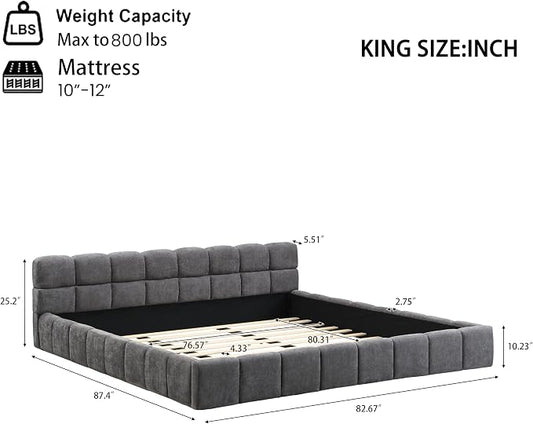 Merax King Size Elegant Chenille Upholstered Platform Bed with Thick Headboard and Footboard, Block Style Upholstery Grounded Bed Frame, Gray