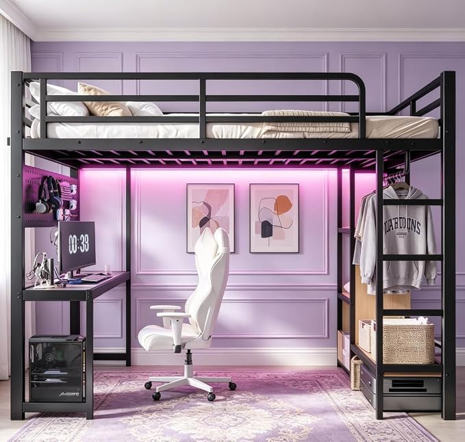 Bellemave Queen Size Loft Bed with Desk,with USB Ports, Lights, and Hanging Rod, Cave Board Design, Metal Queen Loft Bed Frame for Adults, Kids, Teens, Black