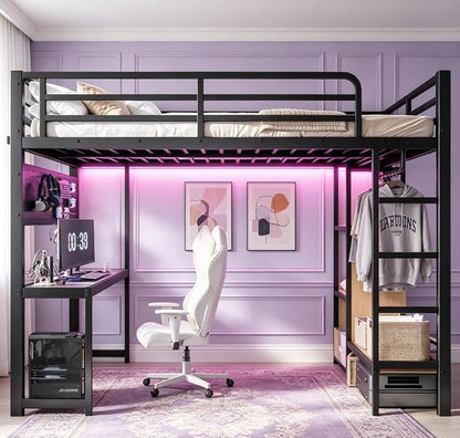 Bellemave Queen Size Loft Bed with Desk,with USB Ports, Lights, and Hanging Rod, Cave Board Design, Metal Queen Loft Bed Frame for Adults, Kids, Teens, Black