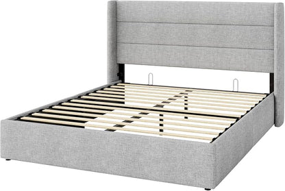 SHA CERLIN Queen Size Lift Up Storage Bed/Modern Wingback Headboard/Upholstered Platform Bed Frame/Hydraulic Storage/No Box Spring Needed/Wood Slats Support/Light Grey