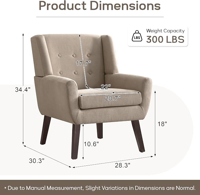 HUIMO Accent Chair Set of 2, Upholstered Button Tufted Armchair, Linen Fabric Sofa Chairs for Bedroom, Living Room, Mid-Century Modern Comfy Reading Chair (2 PCS, Khaki)