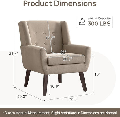 HUIMO Accent Chair Set of 2, Upholstered Button Tufted Armchair, Linen Fabric Sofa Chairs for Bedroom, Living Room, Mid-Century Modern Comfy Reading Chair (2 PCS, Khaki)