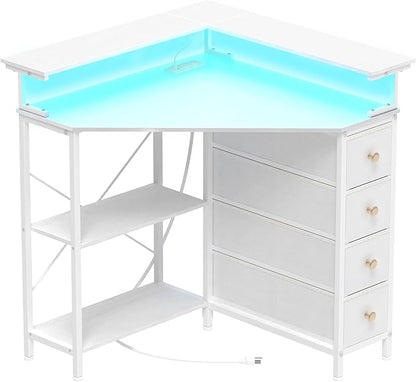 VENNQD Corner Desk with Drawers Shelves for Small Space 90 Degrees Triangle Computer Desk with Power Outlets,Gaming Desk with LED Lights Monitor Stand for Home Office Workstation Writing Table (White)