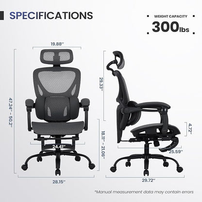 MALOL Ergonomic Mesh Office Chair with Footrest, Executive High Back Computer Desk Chair with 3D Adjustable Headrest & 5-Level Lumbar Support, Reclining Tilt Lock, 3D Arms, 300LBS Capacity, Grey
