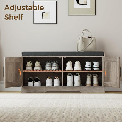 Homleke 2-Tier Storage Bench, Shoe Bench with Thickened Padded Seat Cushion, Entryway Bench with 2 Doors, Adjustable Shelf, 13.8" D x 37.4" W x 18.5" H, for Entryway, Living Room, Bedroom, Greige