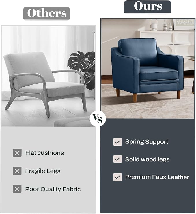Kingfun Accent Chair, Living Room Chairs, Faux Leather Reading Armchair, Mid Century with Solid Wood Foot, Upholstered Modern Decor for Bedroom, Apartment