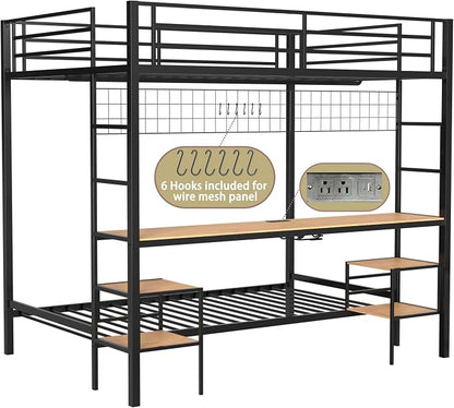 Bellemave Full Over Twin bunk Bed with Desk, loft Bed with Desk and Shelves, Full Over Twin Metal Bunk Beds with Charging Station, Black & Nature Oak