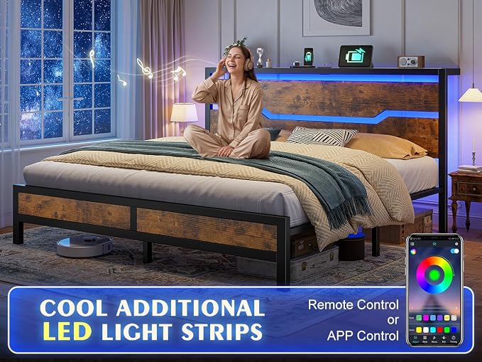 Homkdom King Size Bed Frame with USB Ports & LED Lights, Headboard Shelf, Heavy Duty Metal Platform with 10.24" Underbed Storage, Noise-Free Slats, No Box Spring Needed, Modern Brown