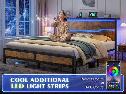 Homkdom King Size Bed Frame with USB Ports & LED Lights, Headboard Shelf, Heavy Duty Metal Platform with 10.24" Underbed Storage, Noise-Free Slats, No Box Spring Needed, Modern Brown