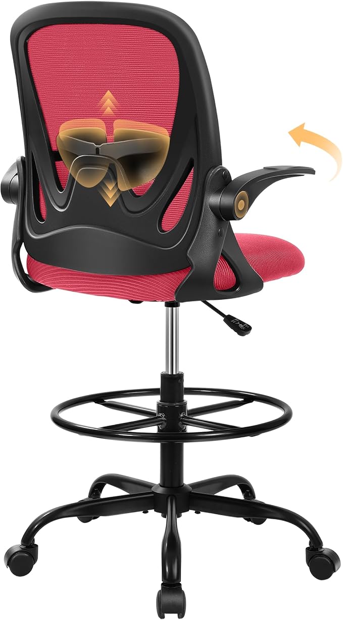 Primy Drafting Chair Tall Office Chair with Flip-up Armrests Executive Ergonomic Computer Standing Desk Chair with Lumbar Support and Adjustable Footrest Ring (Fire Brick)