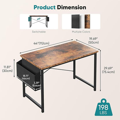 OLIXIS Computer Desk, 44 Inch Home Office Desks for Small Spaces, Writing Craft Study Gaming Table for Bedroom, Modern Computer Workstation with Storage Bag, Rustic Brown