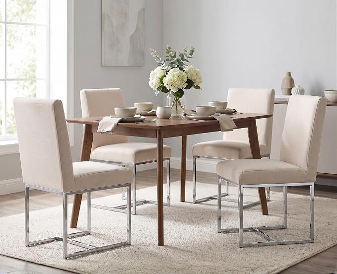 CIMOTA Modern Dining Chairs Set of 2, Upholstered Dining Room Chairs Armless Guest Side Chair with Chrome Base for Dining Room/Kitchen, Beige, 2PCS