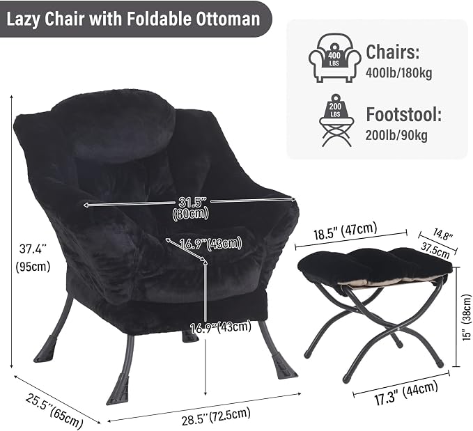 Furlide Lazy Chair with Ottoman, Modern Accent Chair with Armrests and a Side Pocket, Plush Black Accent Chairs, Reading Chairs, Oversized Armchairs for Bedroom, Study, Living Room, Courtyard