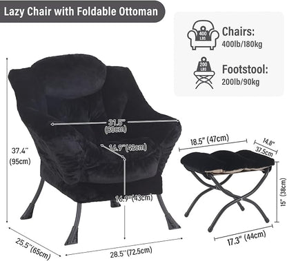 Furlide Lazy Chair with Ottoman, Modern Accent Chair with Armrests and a Side Pocket, Plush Black Accent Chairs, Reading Chairs, Oversized Armchairs for Bedroom, Study, Living Room, Courtyard
