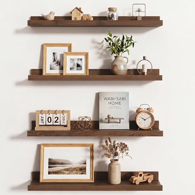 Axeman Picture Ledge Shelf | 24 Inch Walnut Floating Shelves Set of 4 | Rustic Wood Wall Shelves with Lip | 24" Walnut Picture Shelves for Wall with Ledge | Photo Shelves