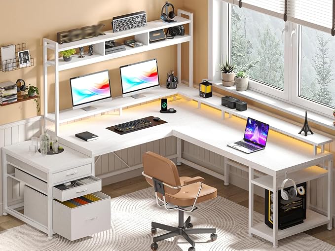 EnHomee 104''L Shaped Desk with 4 Layouts,Outlet for Two Person Home Office | 4 Layout Sizes 64''–104'', Multi-Room Compatibility, 4 AC+2 USB Outlet, Multi-Monitor Stand, Simultaneous Work and Charging