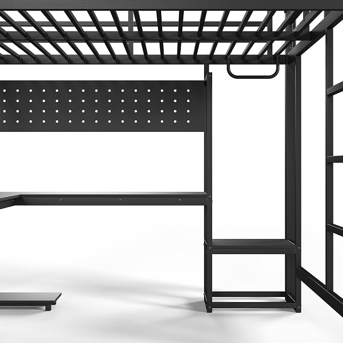 Bellemave Full Size Loft Bed with Desk and USB Ports, Computer Tray, Peg Board LED, Metal Full Loft Bed Frame for Adults, Kids, Teens, Black