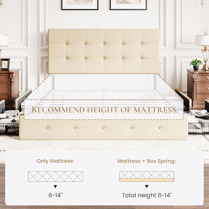 SHA CERLIN Upholstered Queen Size Platform Bed Frame with 4 Storage Drawers, Adjustable Headboard with Square Stitched Button Tufted Design, Wooden Slat Support, No Box Spring Needed, Beige