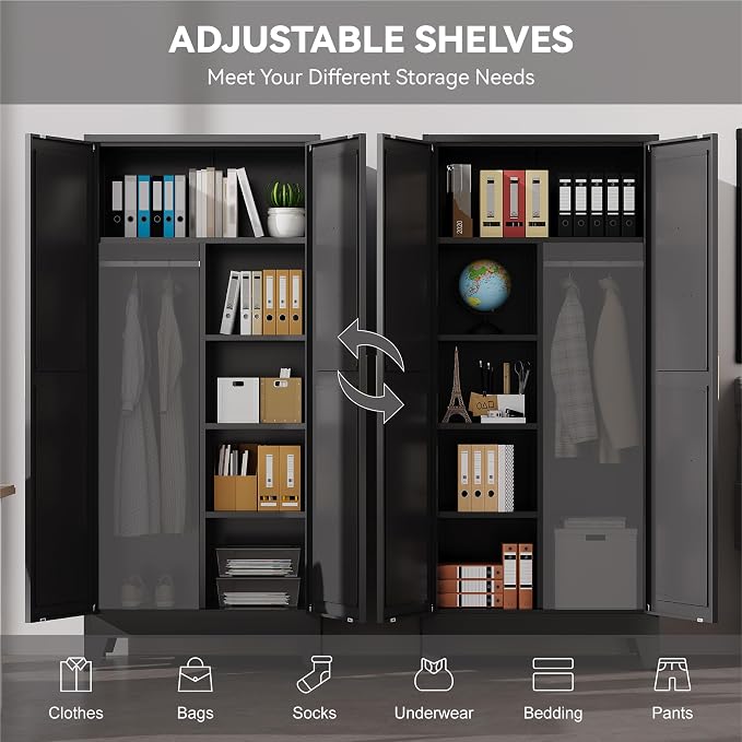 Baborokic Metal Wardrobe Cabinet with Hanging Rod,Large 71" Armoire Wardrobe Closet with Adjustable Shelves and Doors,Farmhouse Metal Office Cabinets for Bedroom,Office,Employee(Black)