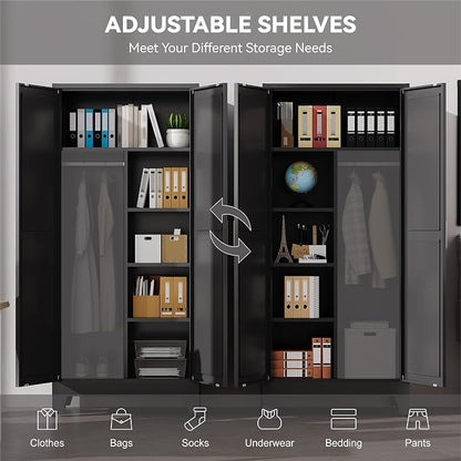 Baborokic Metal Wardrobe Cabinet with Hanging Rod,Large 71" Armoire Wardrobe Closet with Adjustable Shelves and Doors,Farmhouse Metal Office Cabinets for Bedroom,Office,Employee(Black)