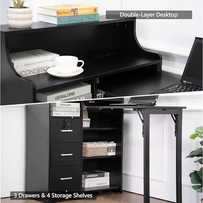 Folding Desk with Storage,Hidden Desk with Lockable Drawers & Shelves, Built-in Power Outlet,Fold Out Desk for Study and Home Office