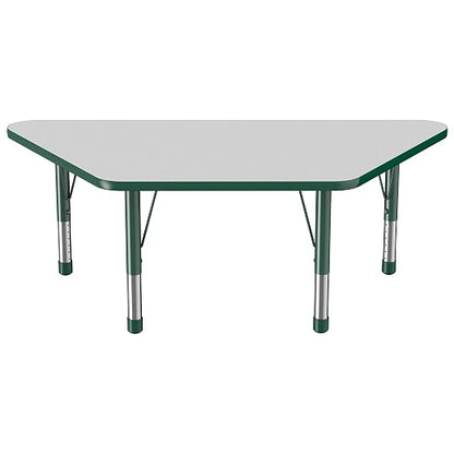 FDP Trapezoid Activity School and Classroom Kids Table (30 x 60 inch), Chunky Toddler Legs for Collaborative Seating Environments, Adjustable Height 15-24 inches - Gray Top and Green Edge