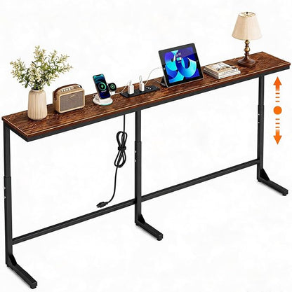 Slim Console Table with Outlet & Height Adjustable, 66'' Behind Sofa Table | Sofa Console Table with 3 AC Outlets & 2 USB Ports, Height(25.2''–31.3'') Slim Sofa Table Behind Couch for Living Room, Brown