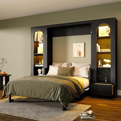 MERITLINE Queen Murphy Bed with Desk and Storage & LED Light, Solid Wood Hideaway Murphy Wall Bed with Storage Shelves Bookcase and Drawers for Adults Bedroom Office Library (Queen,Black)