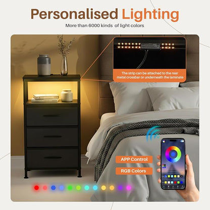 Sweetcrispy Nightstand with Charging Station, Bedside End Table with 3 Fabric Drawers, USB & Type-C Ports with AC Outlets, Adjustable Feet & Dimmable LED Light Strip, Modern Bedroom Furniture, Black