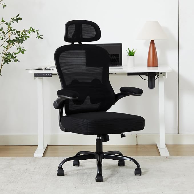 Ergonomic Office Chair,Ultra Thick Spring Cushion Desk Chair,Black | Adjustable Lumbar Support and Headrest,Flip-up Arms,Rocking Function,Mesh Home Office Computer Chair