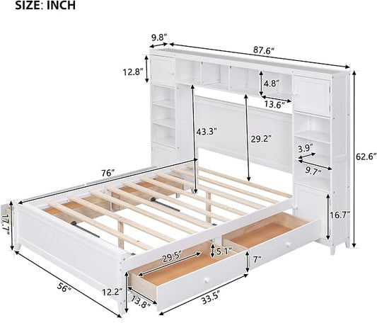 Merax Full Size Wooden Bed with All-in-One Cabinet and Shelf, White Bed Frame with 4 Storage Drawers
