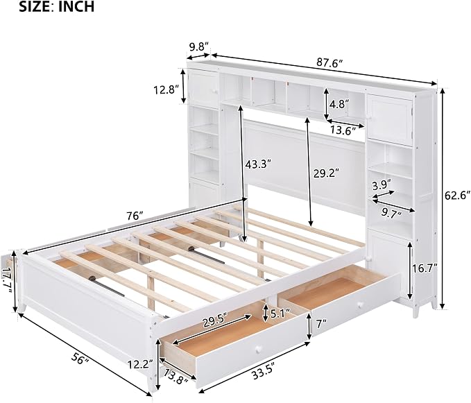Merax Full Size Wooden Bed with All-in-One Cabinet and Shelf, White Bed Frame with 4 Storage Drawers