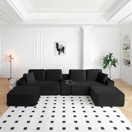 ivoros 150 Inch Modular Sectional Sofa Couch, Oversized Modern Cloud Couch for Living Room, U Shape Couches with 2 Ottomans, USB Ports and Cup Holders, Black Corduroy Boneless Sofas, Sofa in a Box